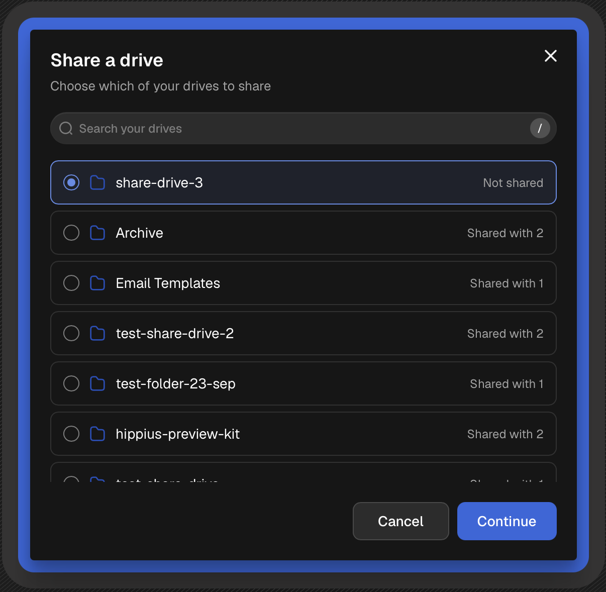 The Share a drive picker, choosing which drive to share