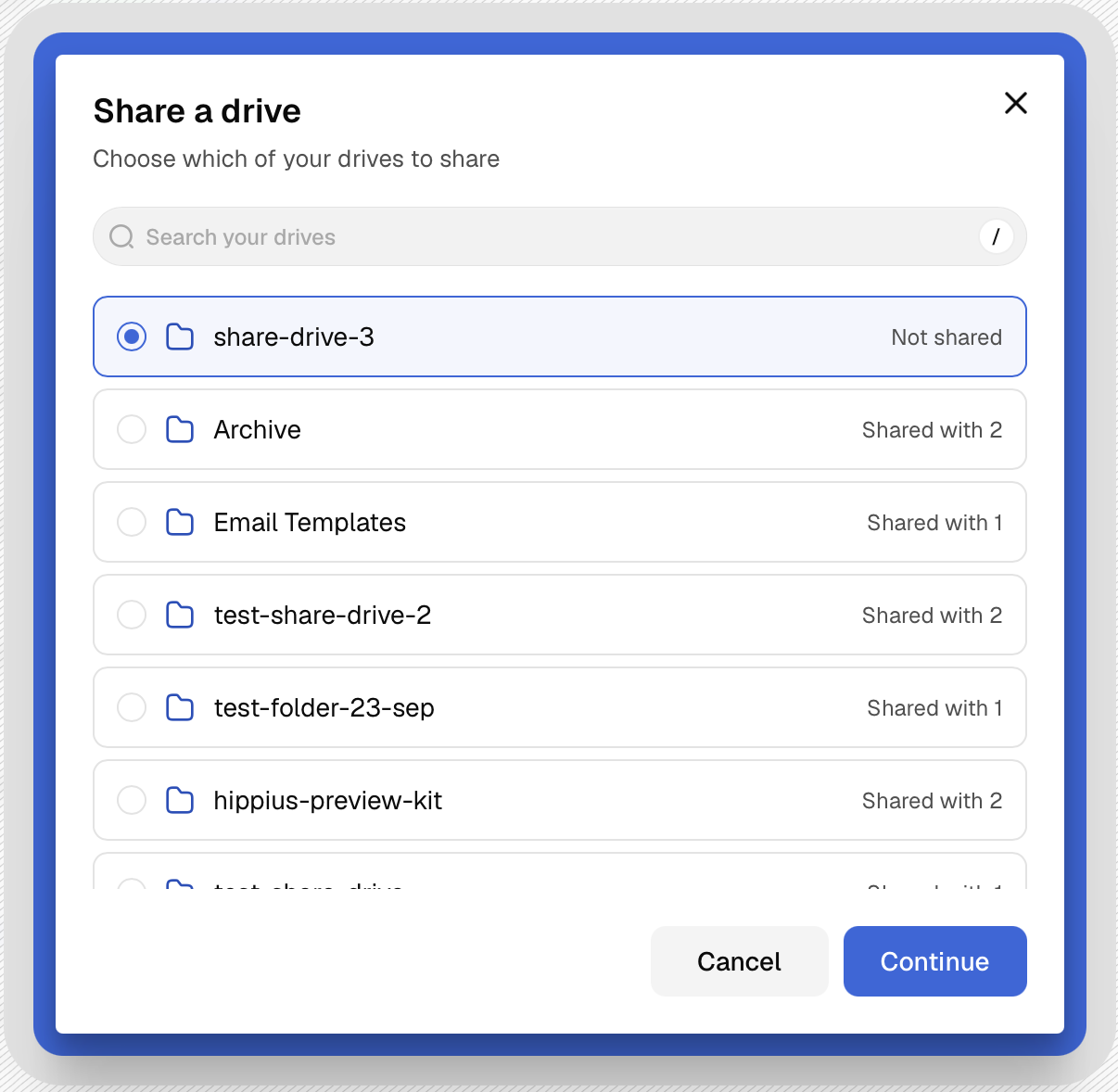 The Share a drive picker, choosing which drive to share