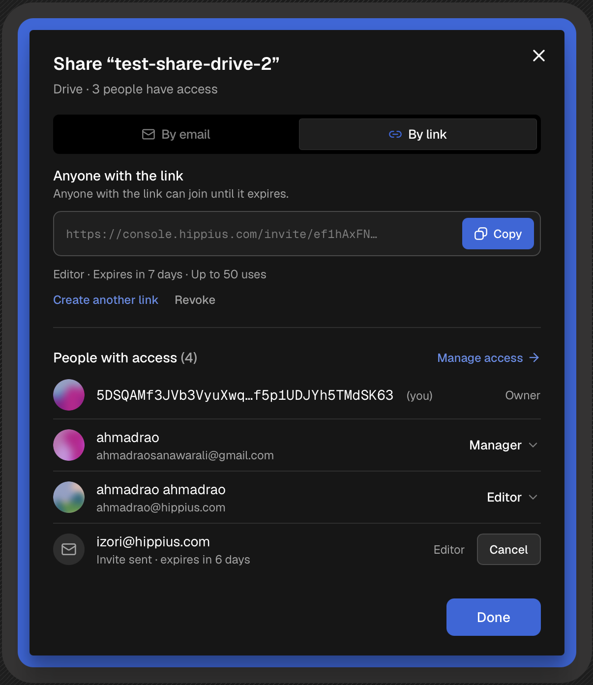 An invite link created on the By link tab