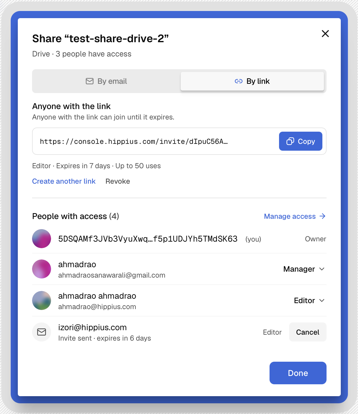 An invite link created on the By link tab