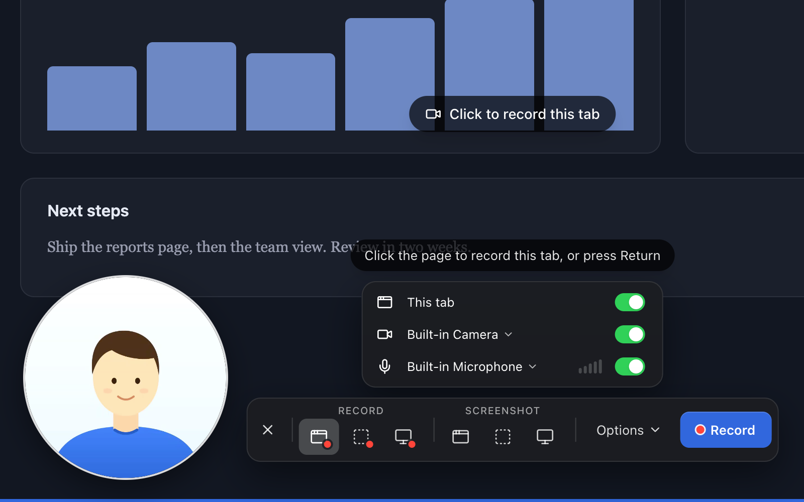 The Hippius capture bar on a web page, set to record the tab with the camera and microphone on, and the camera bubble in the corner
