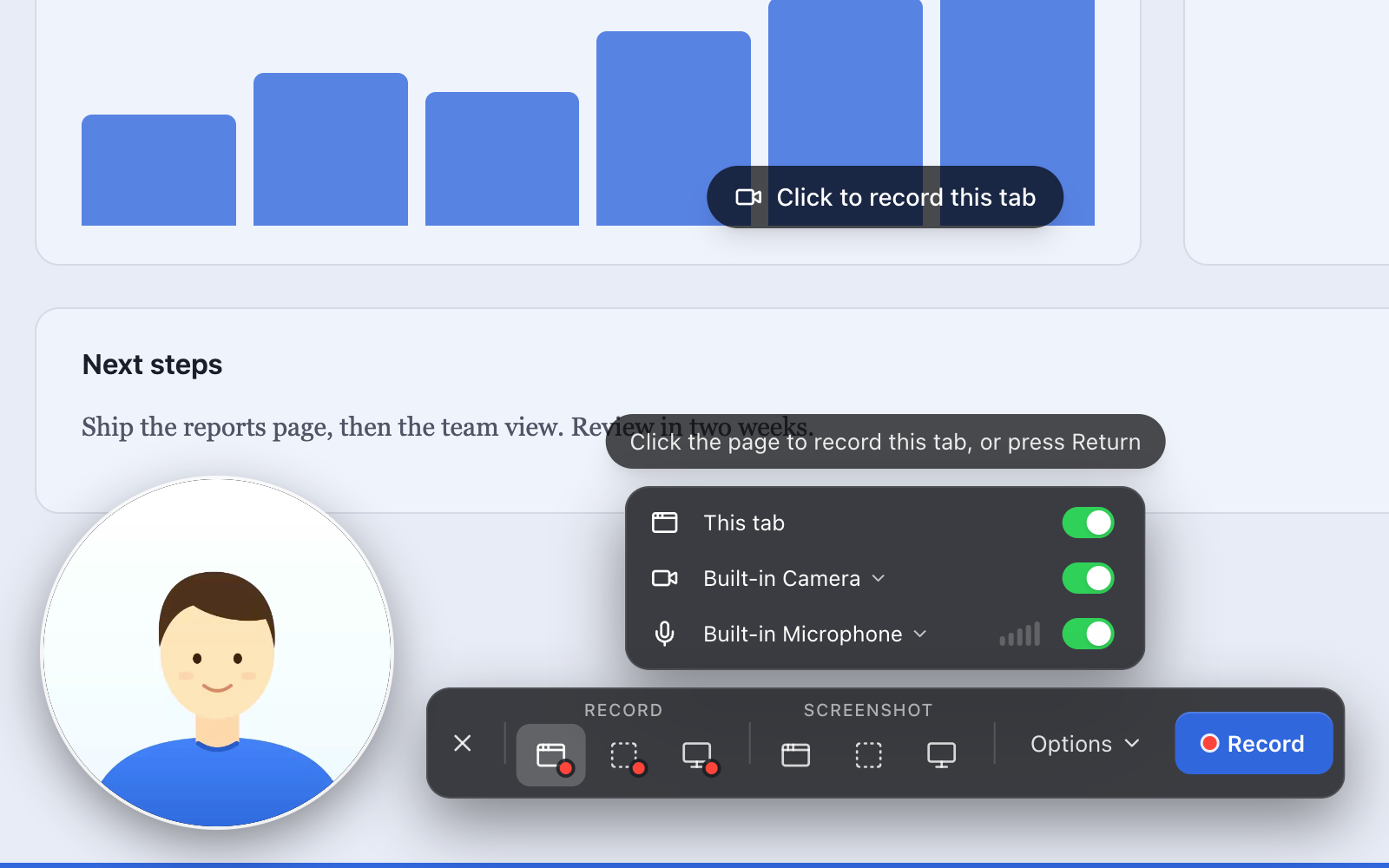 The Hippius capture bar on a web page, set to record the tab with the camera and microphone on, and the camera bubble in the corner