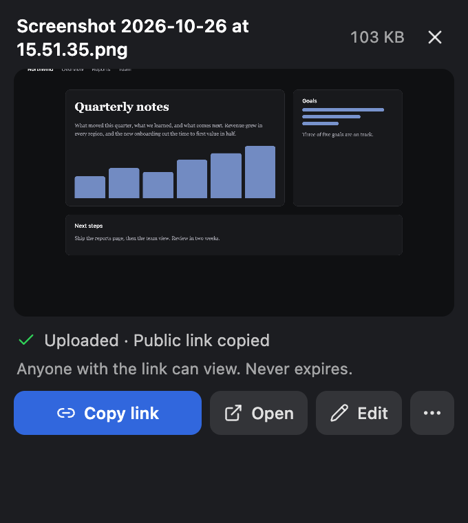 The capture card after a screenshot: Uploaded, Public link copied, with Copy link, Open and Edit