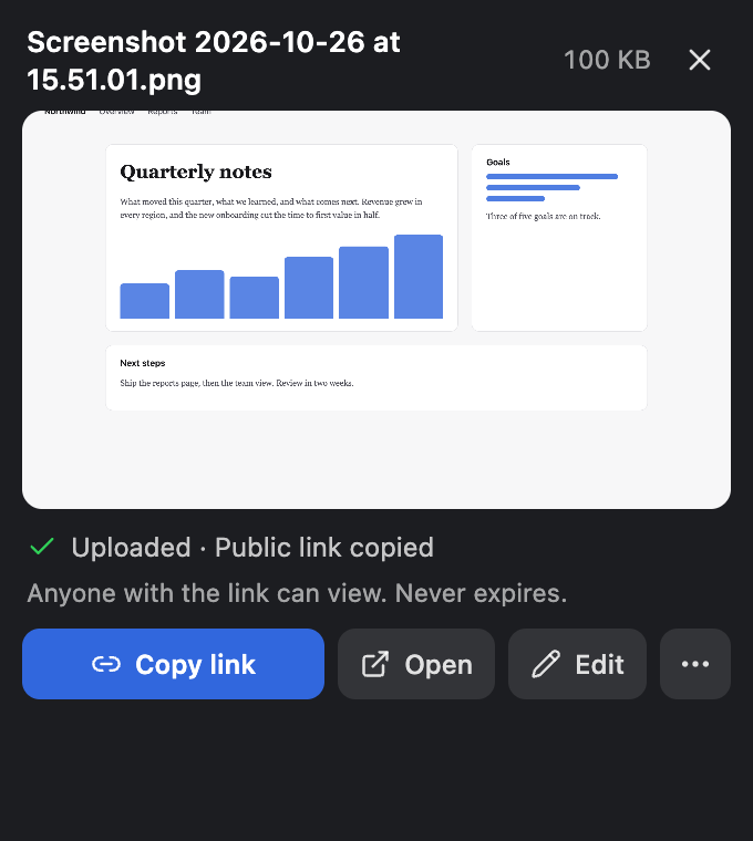 The capture card after a screenshot: Uploaded, Public link copied, with Copy link, Open and Edit