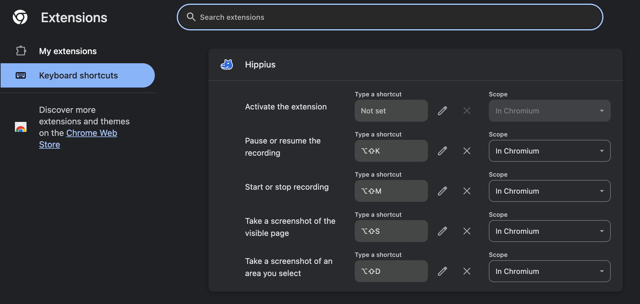 The browser's Keyboard shortcuts page with Hippius's four shortcuts and their keys