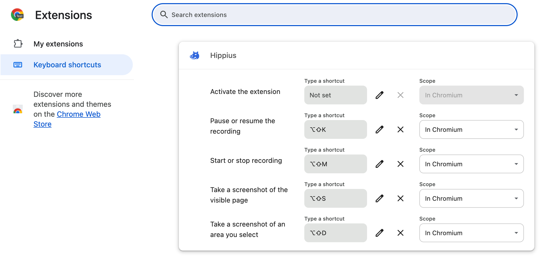The browser's Keyboard shortcuts page with Hippius's four shortcuts and their keys