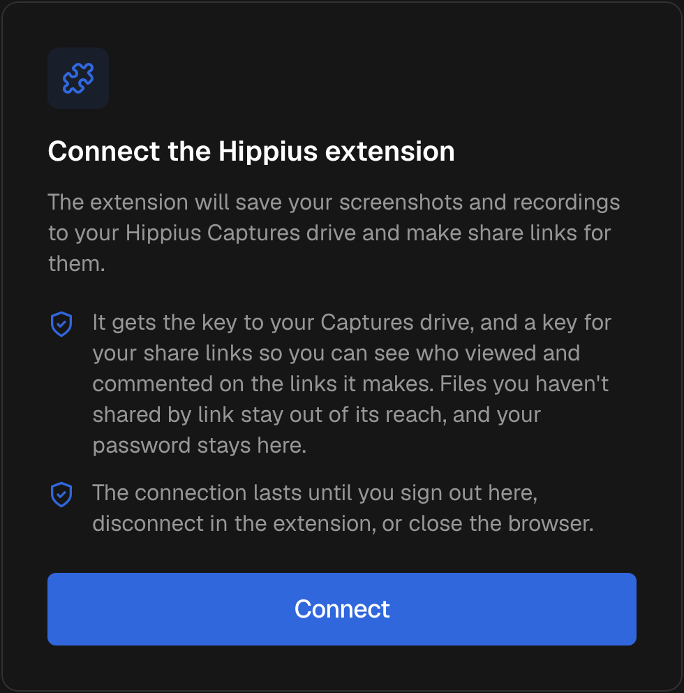 The console's Connect the Hippius extension page, explaining what the extension gets, with a Connect button