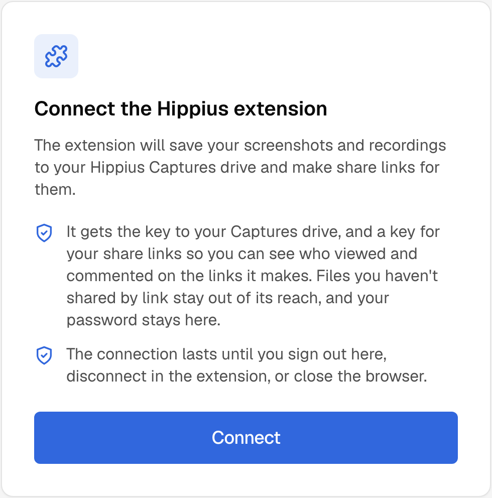 The console's Connect the Hippius extension page, explaining what the extension gets, with a Connect button