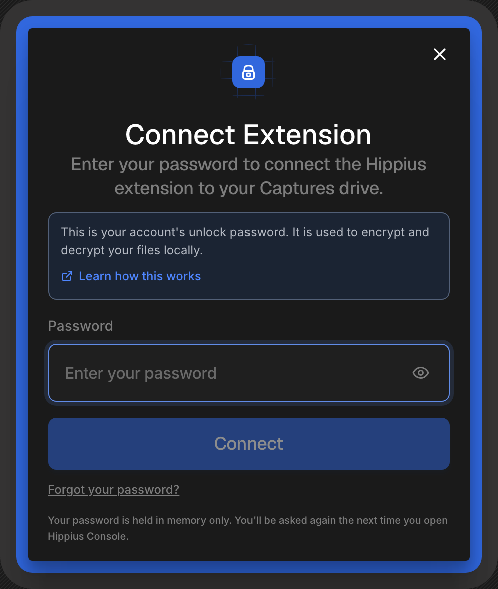 The Connect Extension dialog asking for your unlock password, with Connect and Forgot your password?