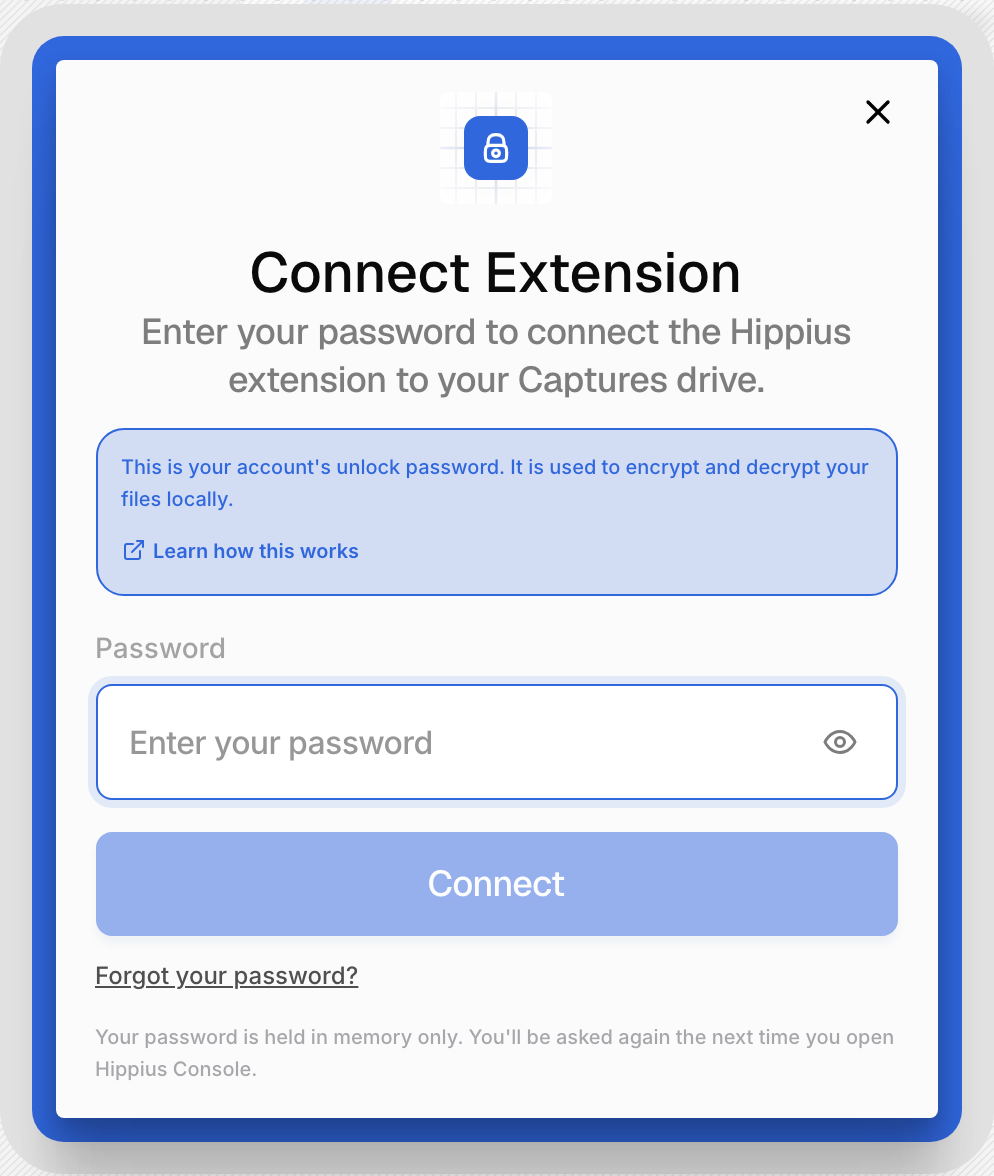 The Connect Extension dialog asking for your unlock password, with Connect and Forgot your password?
