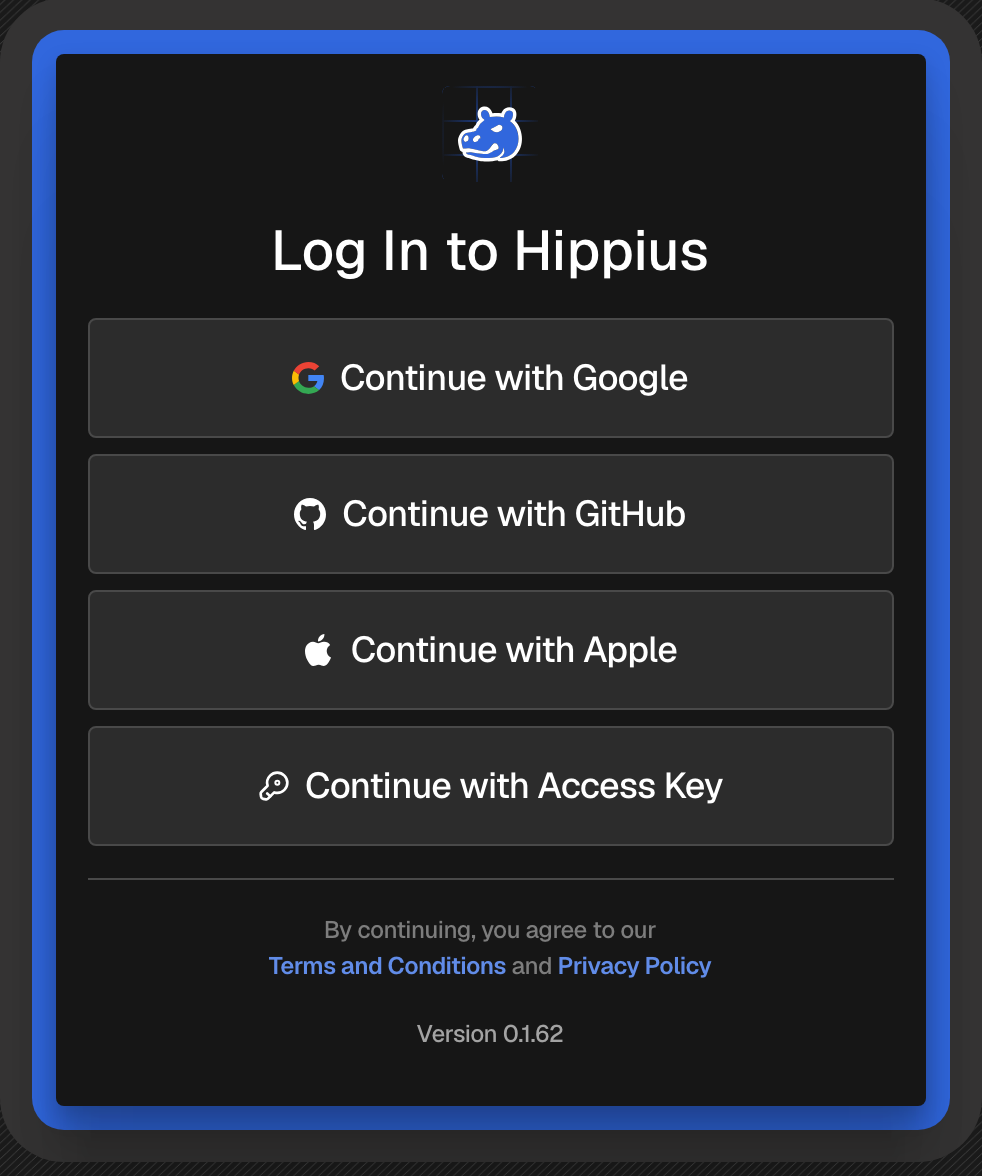 The Log In to Hippius page in the console, with Continue with Google, GitHub, Apple and Access Key