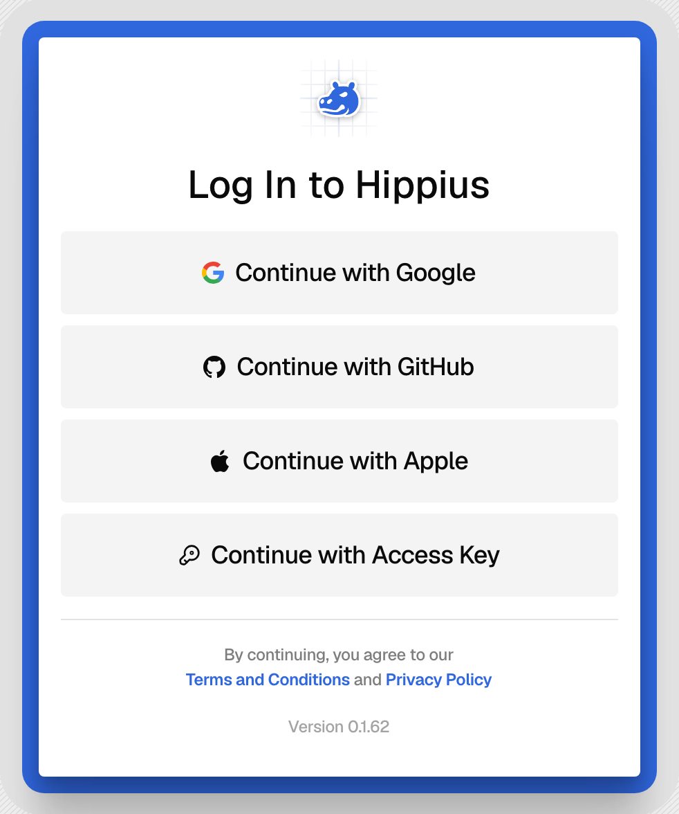 The Log In to Hippius page in the console, with Continue with Google, GitHub, Apple and Access Key