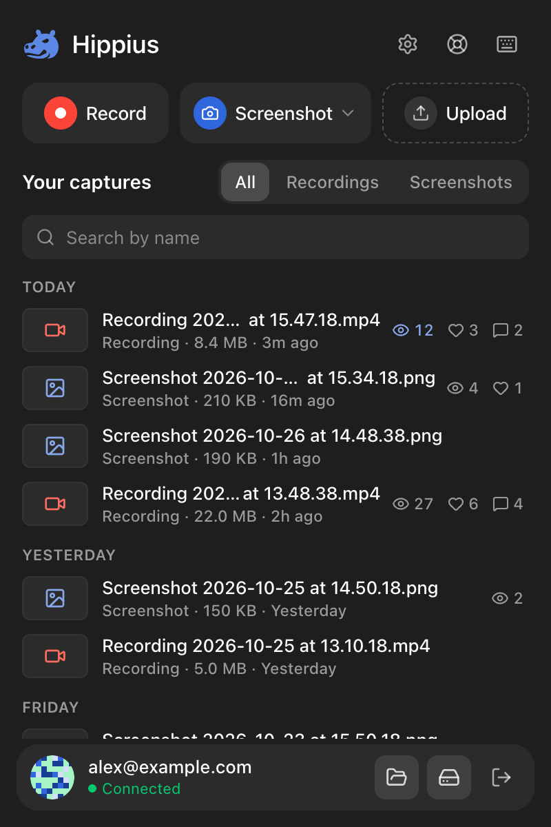 The connected popup with Record, Screenshot and Upload, and a list of captures showing views, reactions and comments