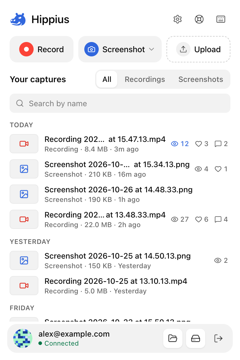 The connected popup with Record, Screenshot and Upload, and a list of captures showing views, reactions and comments