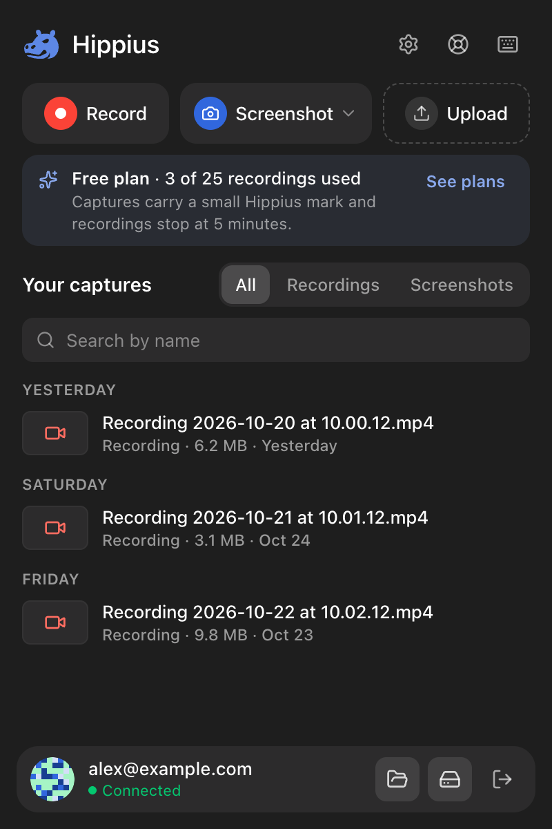 The popup on the Free plan: 3 of 25 recordings used, with See plans