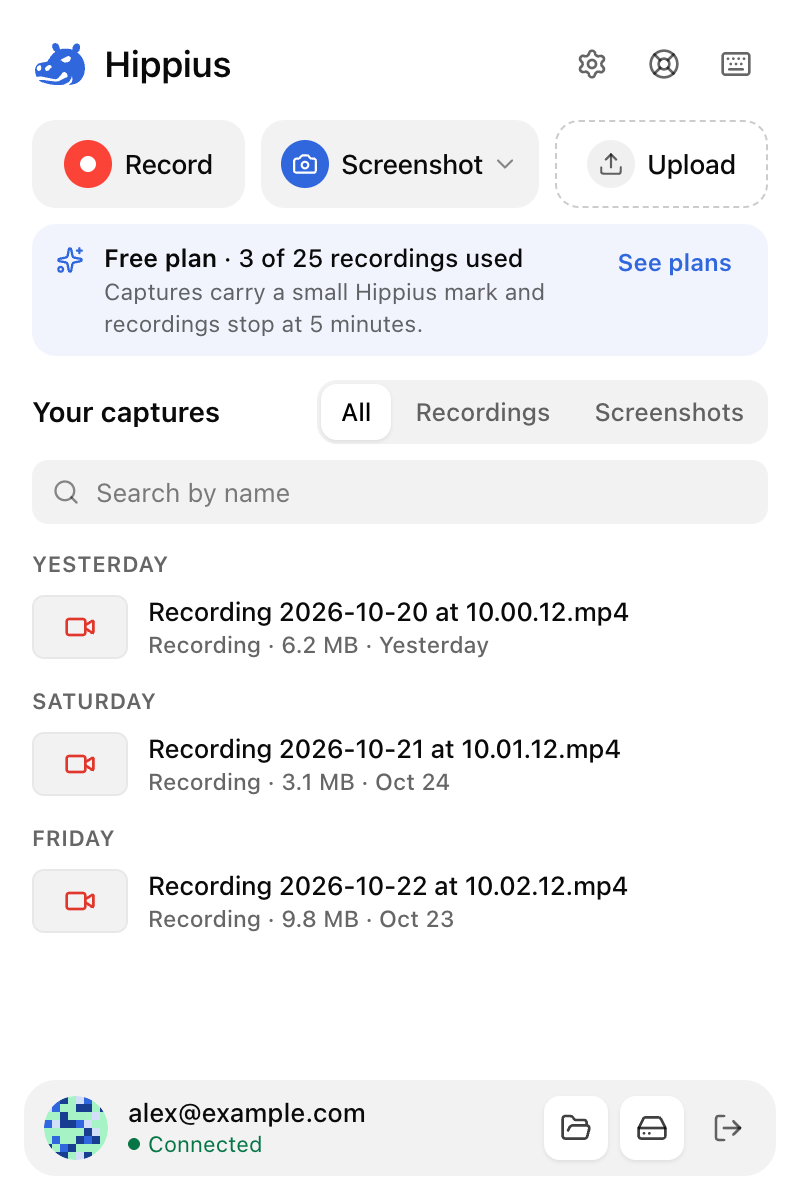 The popup on the Free plan: 3 of 25 recordings used, with See plans