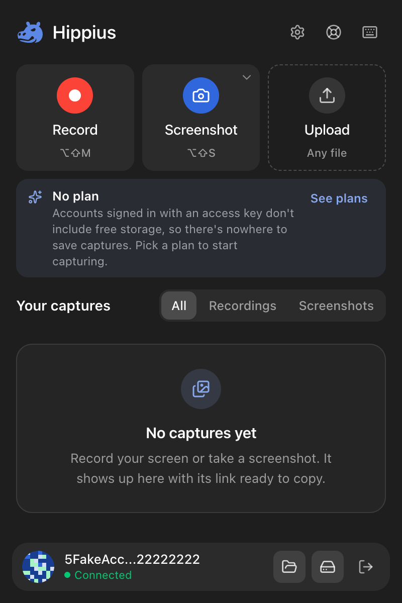 The popup for an access-key account with no plan, saying there's nowhere to save captures, with See plans