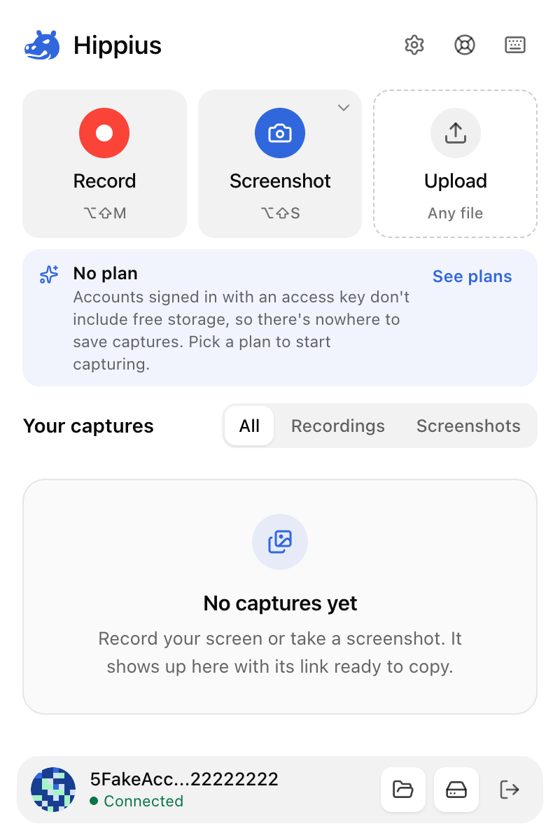The popup for an access-key account with no plan, saying there's nowhere to save captures, with See plans