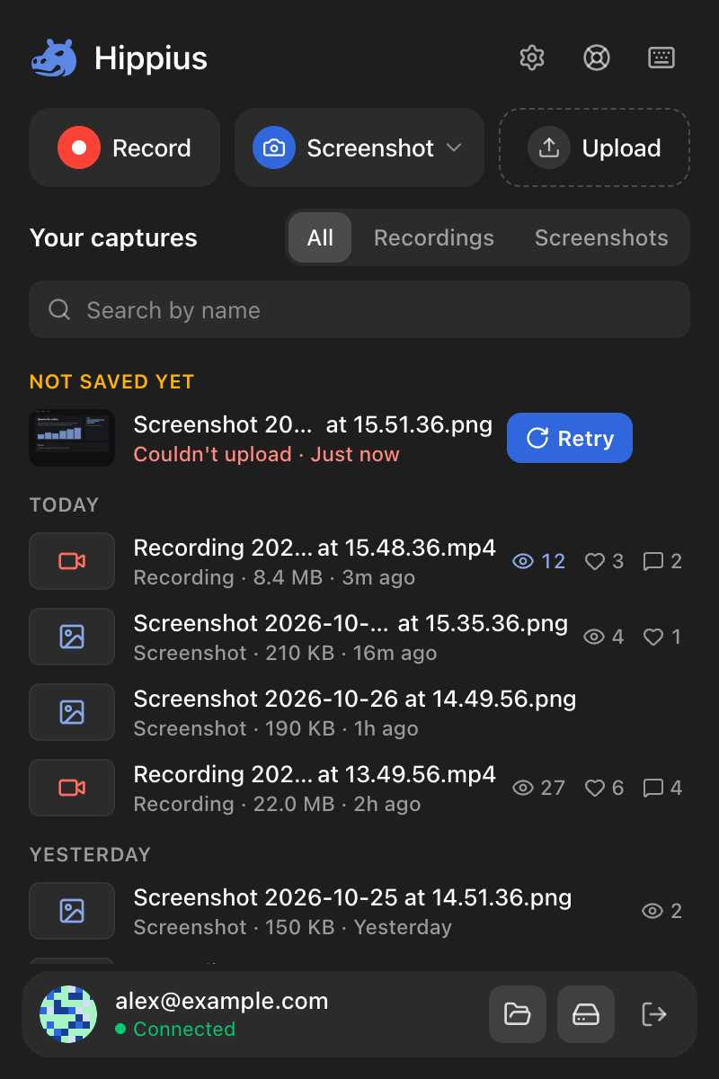The popup with a screenshot under Not saved yet, with the reason and a Retry button