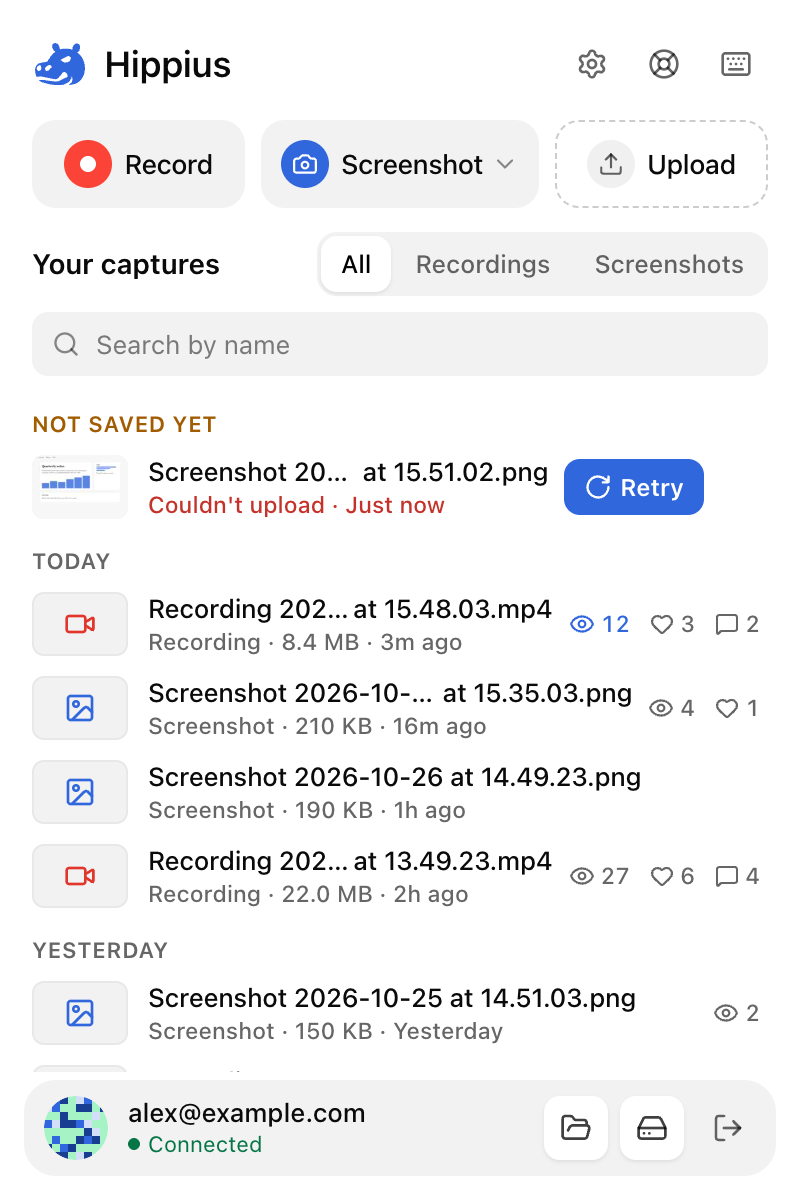 The popup with a screenshot under Not saved yet, with the reason and a Retry button