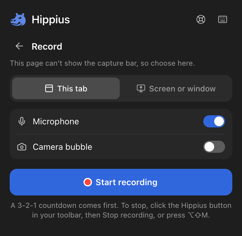 Recording set up from the popup: This tab or Screen or window, microphone, camera bubble, and Start recording
