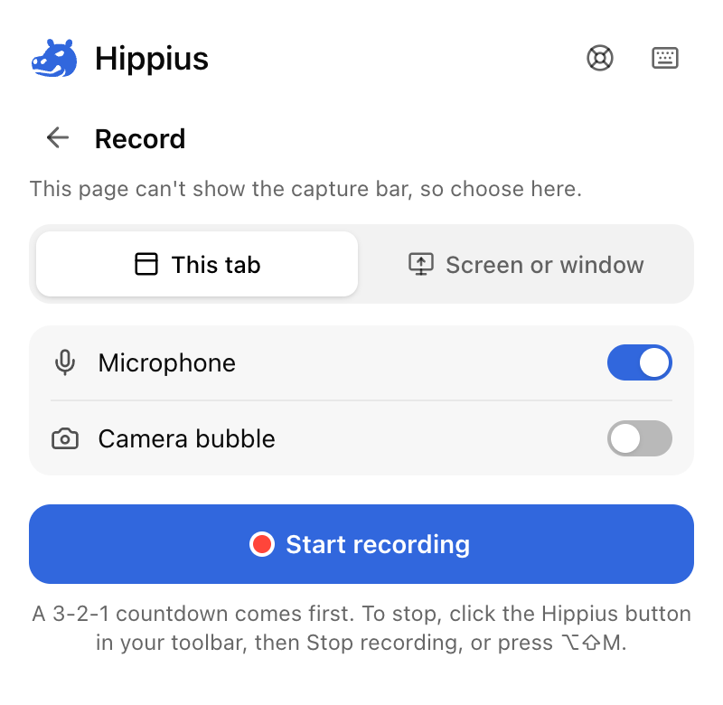 Recording set up from the popup: This tab or Screen or window, microphone, camera bubble, and Start recording