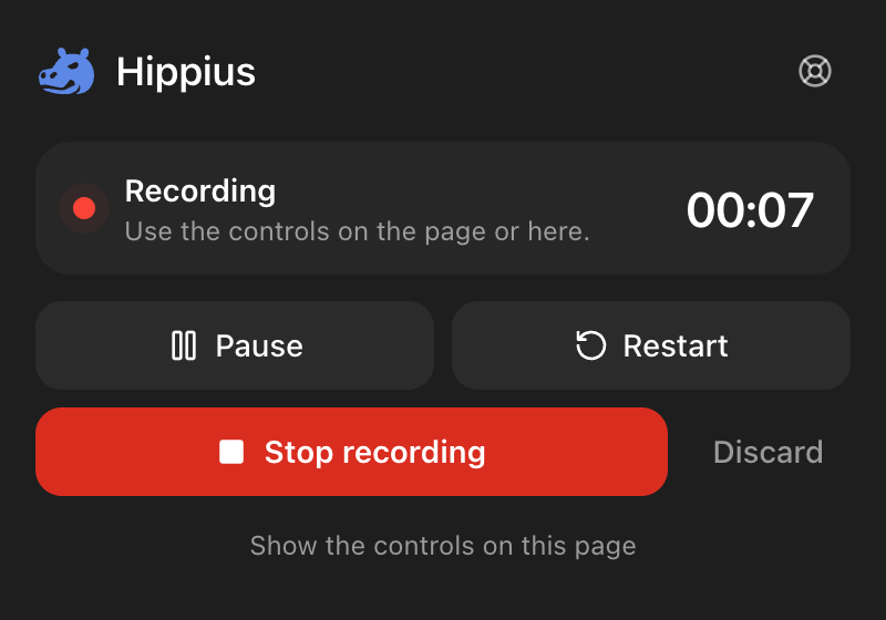 The Hippius popup during a recording, with the time, Pause, Restart, Stop recording and Discard