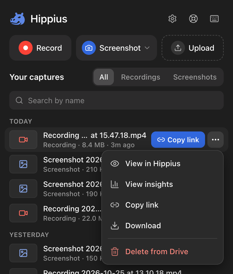 A capture's menu in the popup, with View in Hippius, View insights, Copy link, Download and Delete from Drive