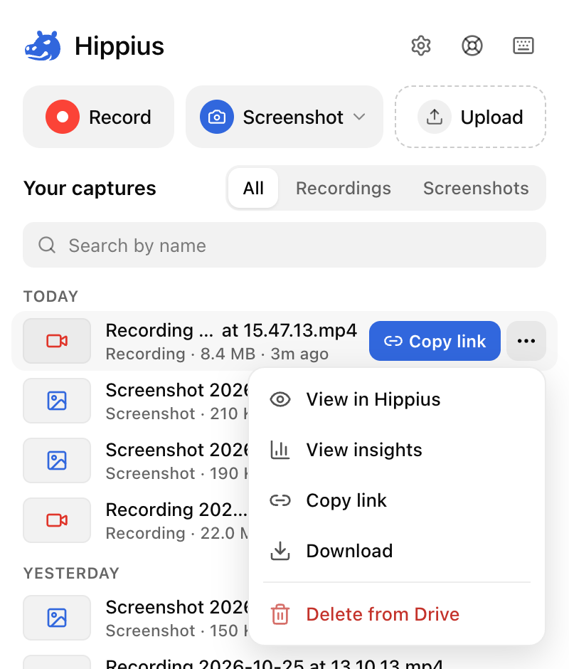 A capture's menu in the popup, with View in Hippius, View insights, Copy link, Download and Delete from Drive