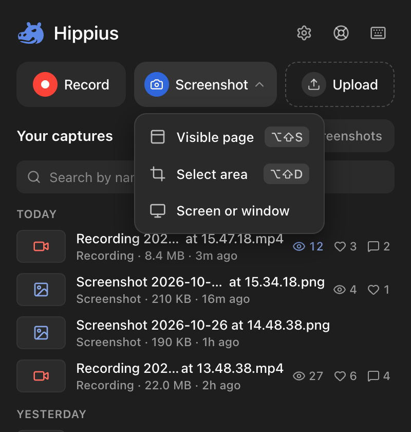 The Screenshot menu in the popup: Visible page, Select area, and Screen or window, with their shortcuts