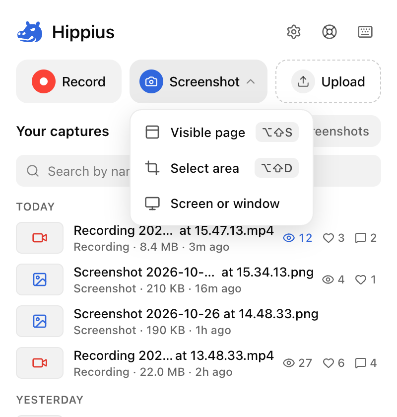 The Screenshot menu in the popup: Visible page, Select area, and Screen or window, with their shortcuts