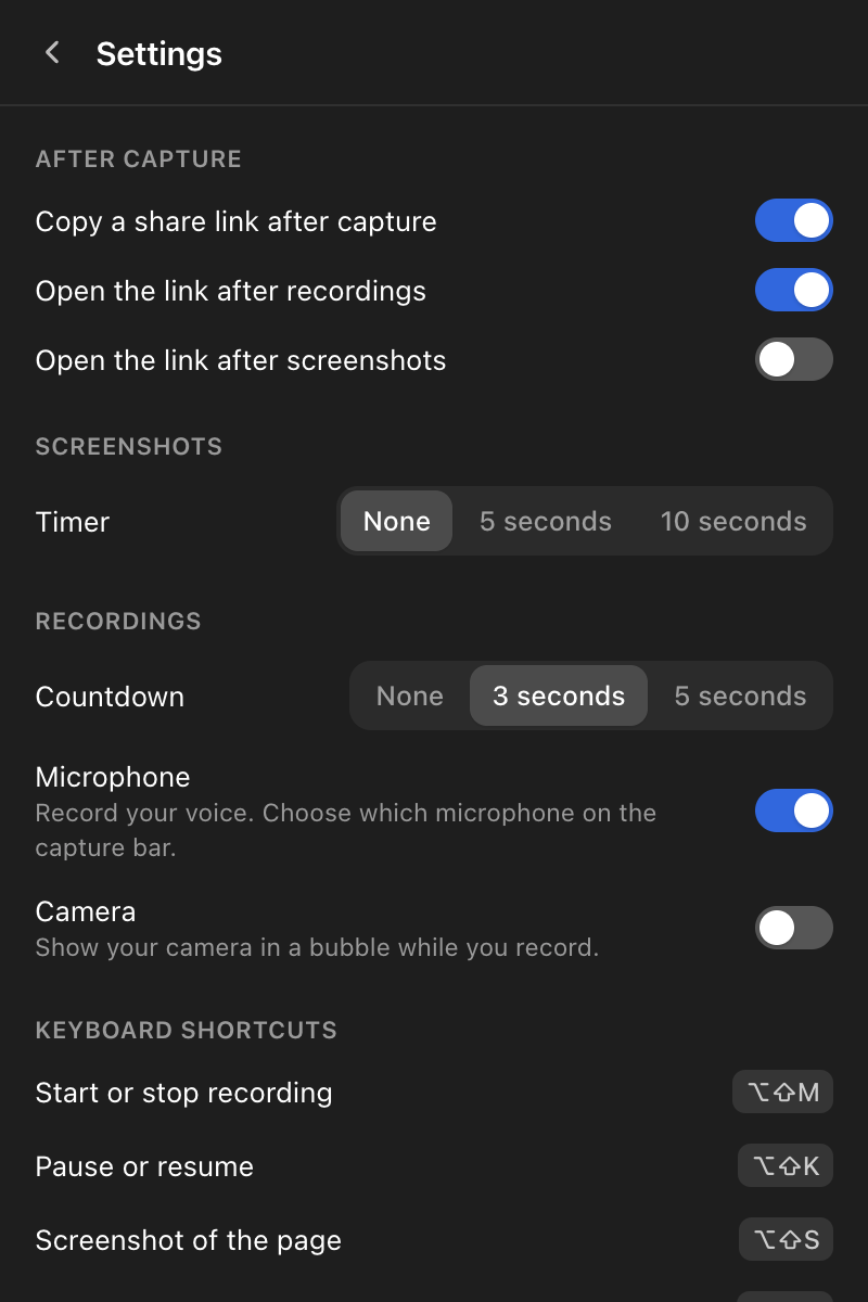 The extension's Settings: after capture, screenshots, recordings and keyboard shortcuts