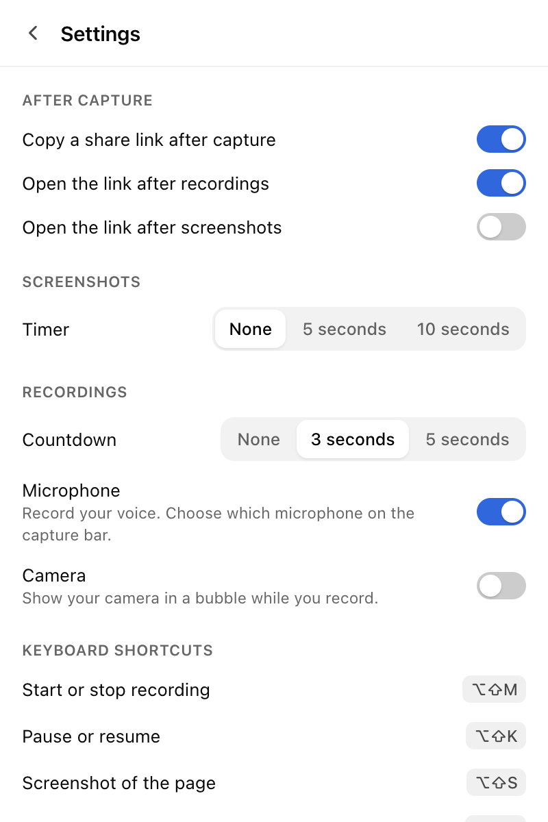 The extension's Settings: after capture, screenshots, recordings and keyboard shortcuts