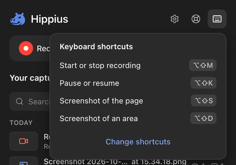 The Keyboard shortcuts panel in the popup, listing all four shortcuts and Change shortcuts