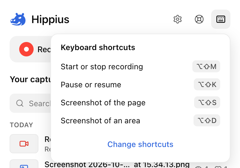 The Keyboard shortcuts panel in the popup, listing all four shortcuts and Change shortcuts