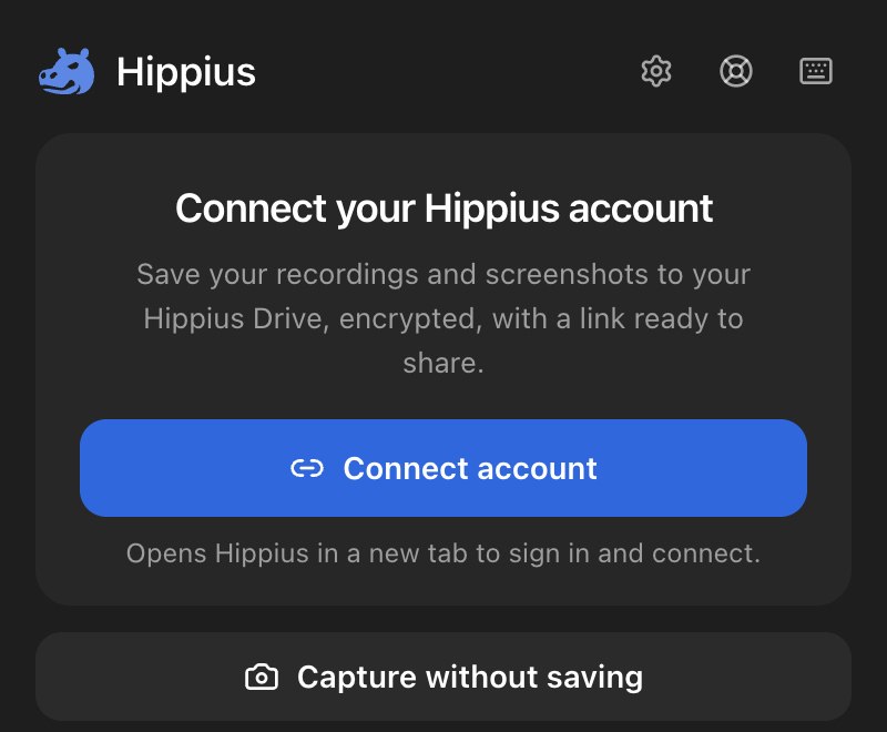 The Hippius popup before connecting, with Connect account and Capture without saving