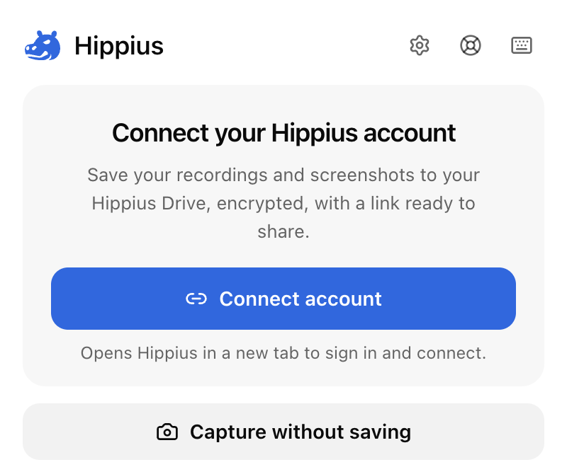 The Hippius popup before connecting, with Connect account and Capture without saving