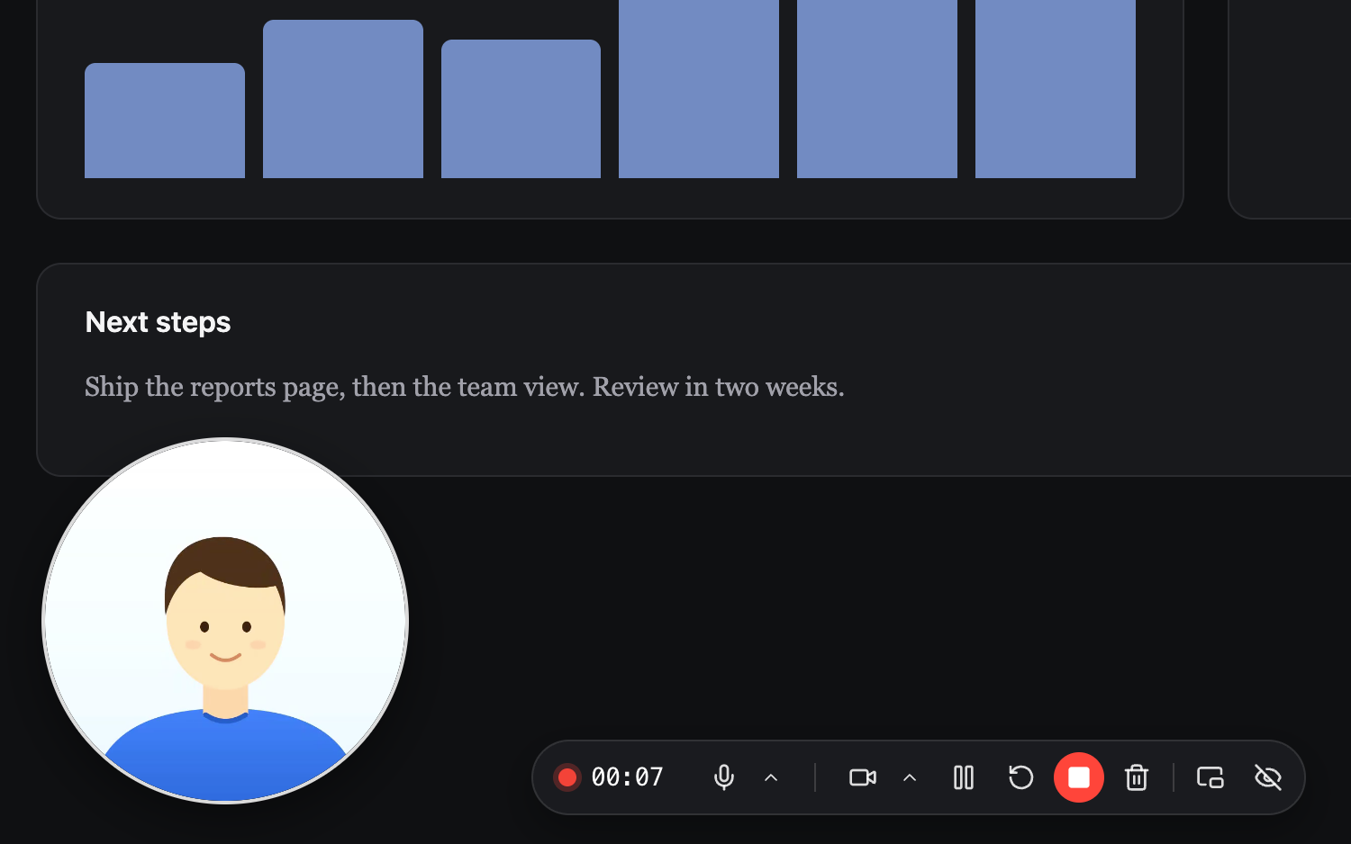 The recording controls on the page, with the time, microphone, camera, pause, restart, stop and discard, next to the camera bubble