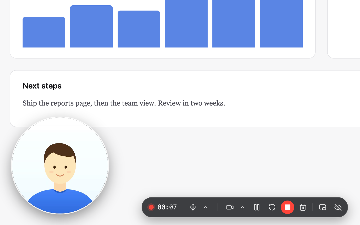 The recording controls on the page, with the time, microphone, camera, pause, restart, stop and discard, next to the camera bubble
