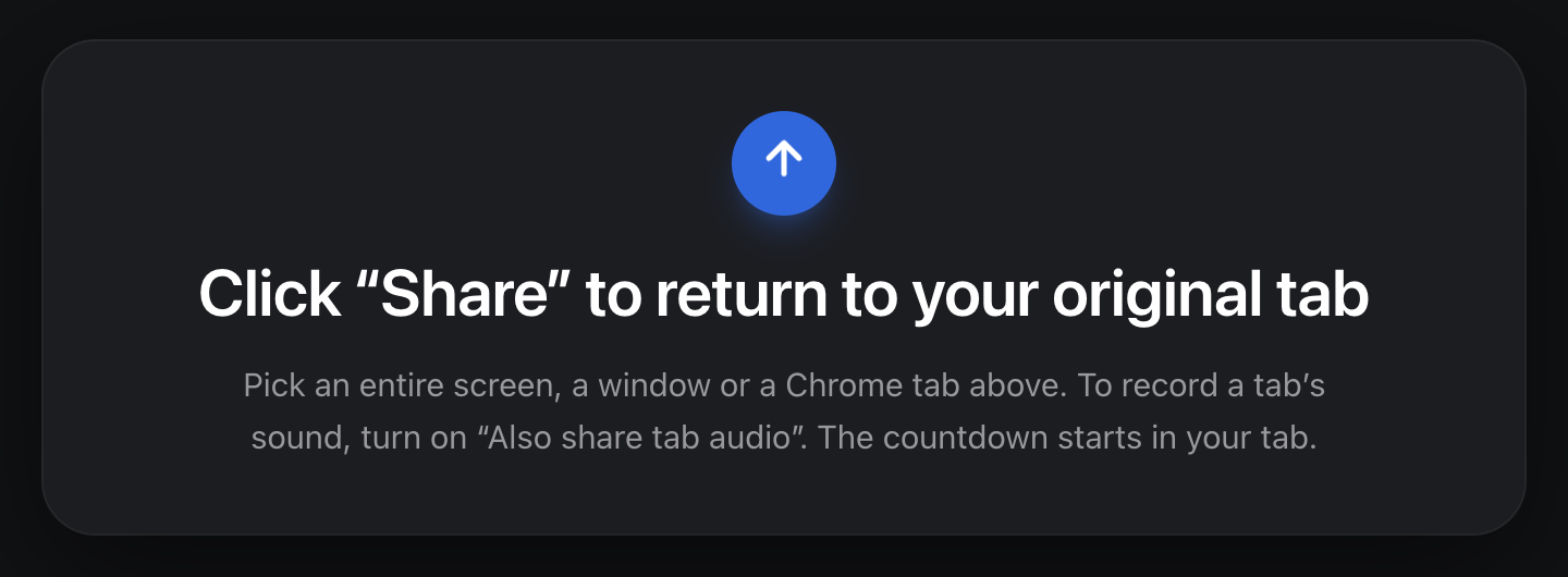 The Hippius tab while the browser's sharing dialog is open, saying Click Share to return to your original tab