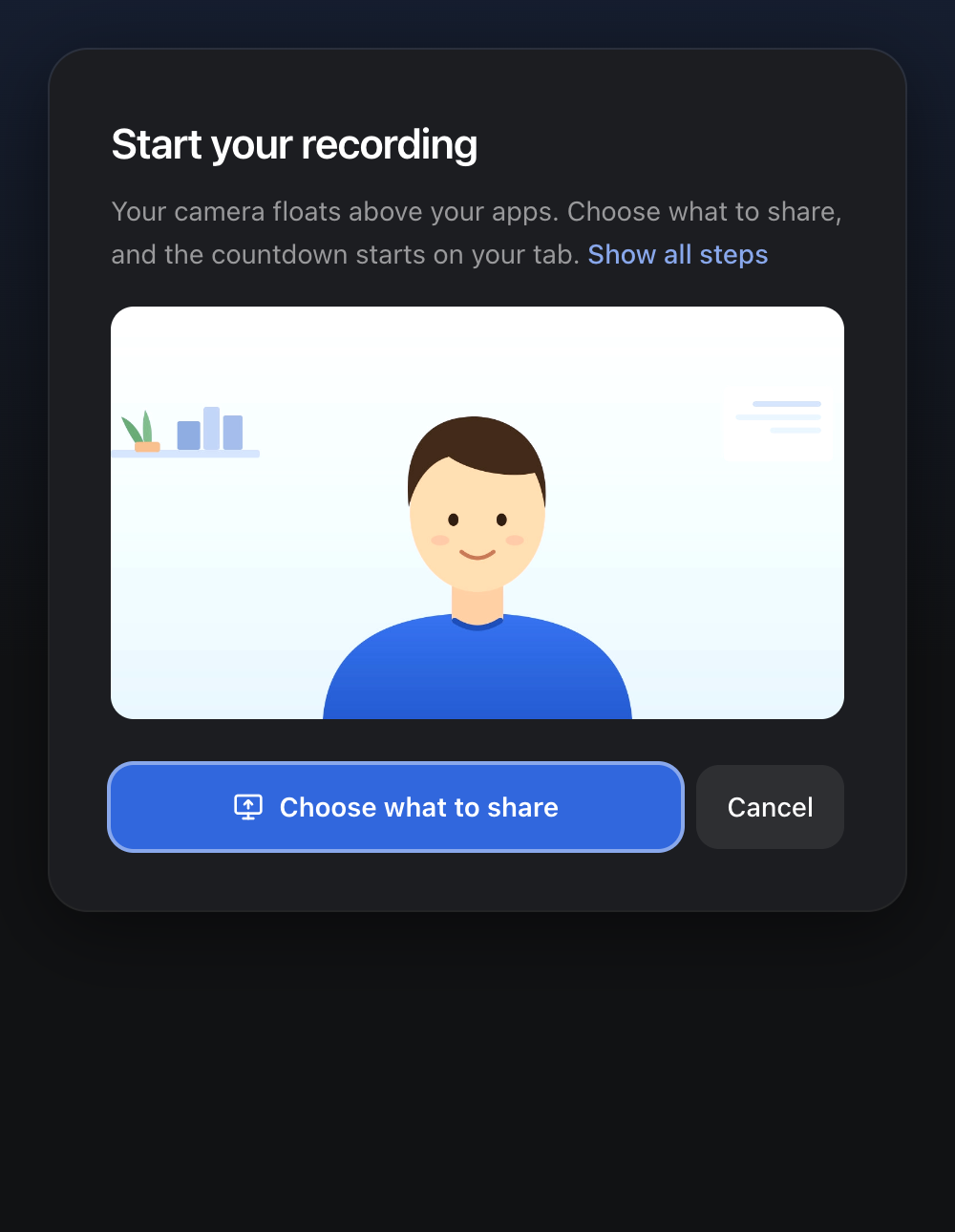 The Hippius tab before a screen recording: four steps, a preview of the camera, and Choose what to share