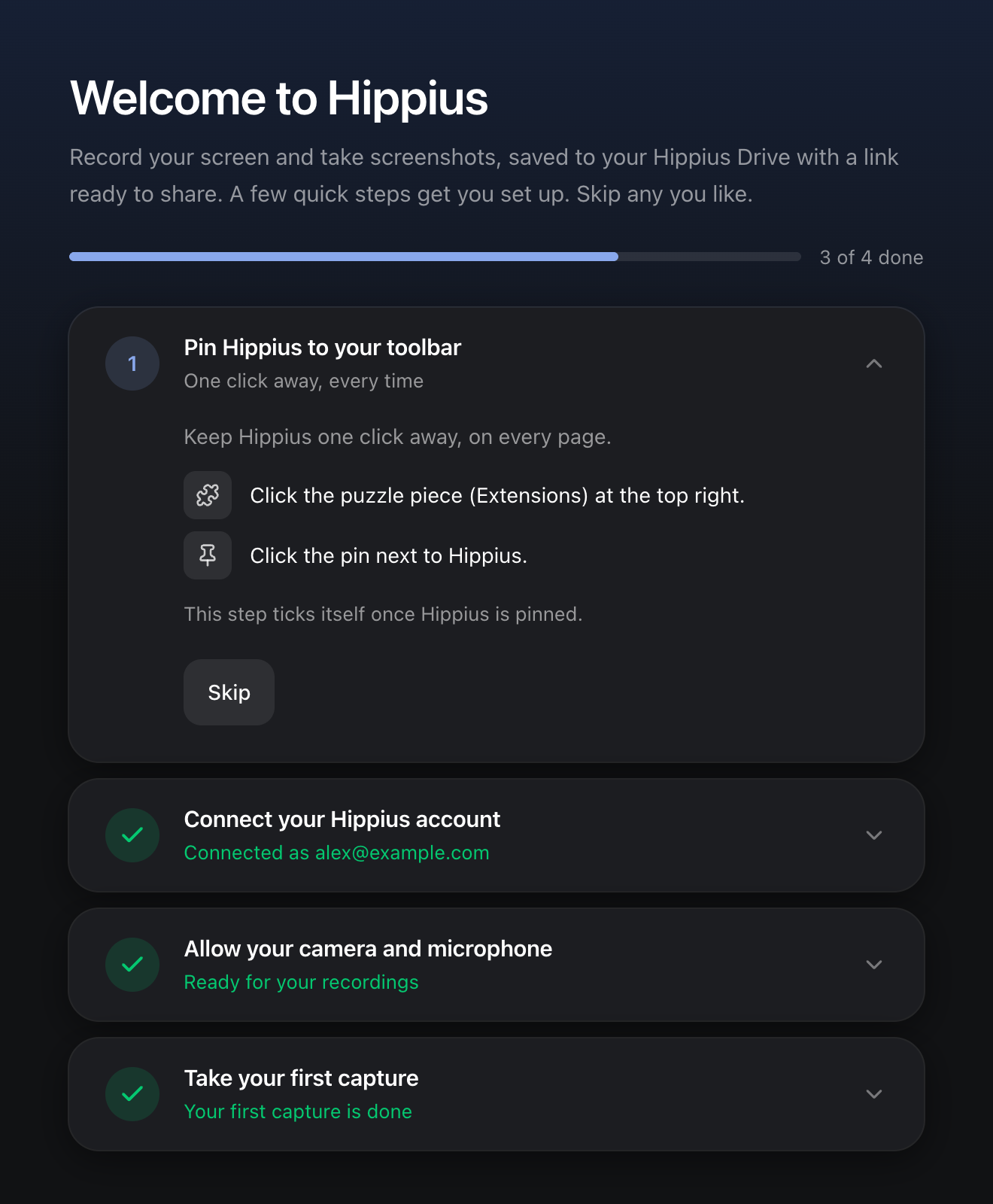 The Welcome to Hippius tab with its four setup steps, three of them done