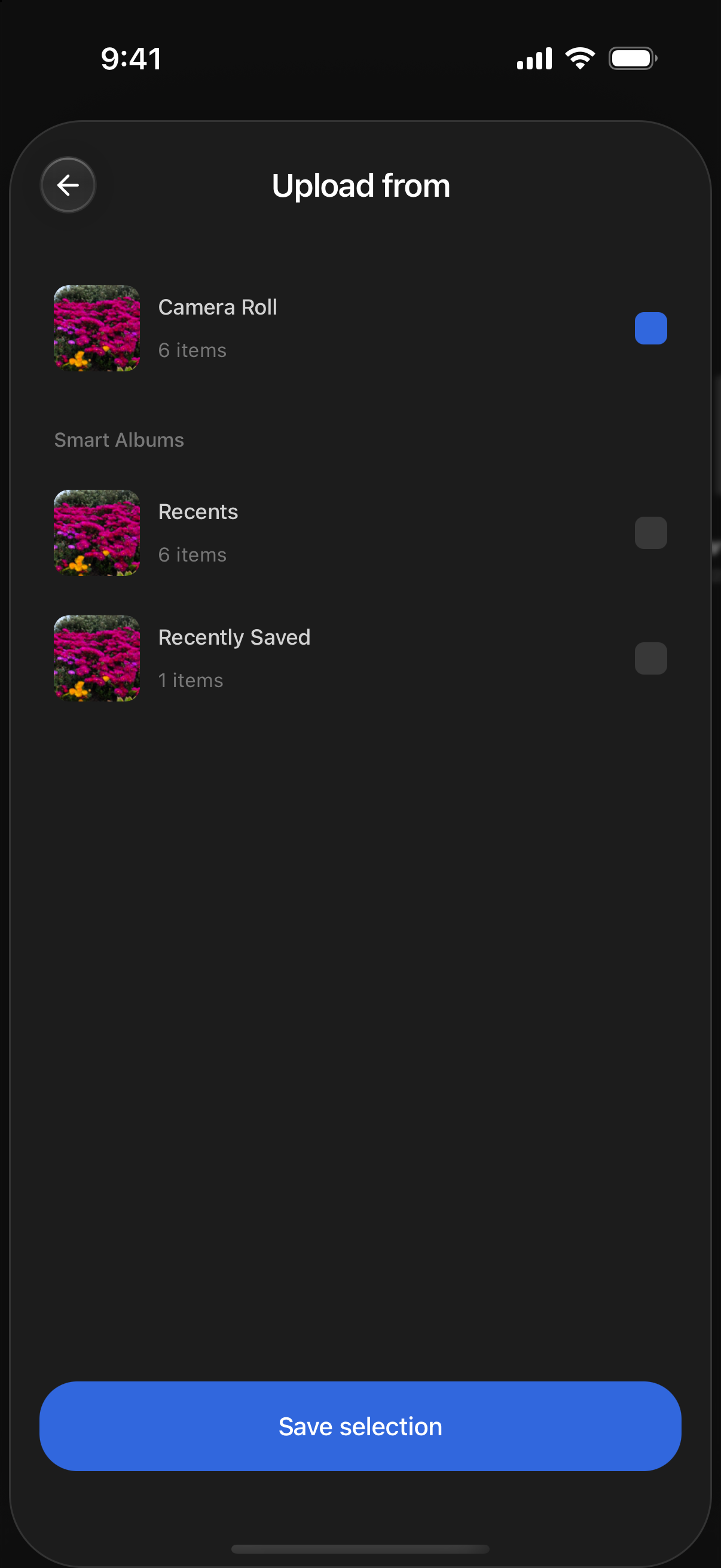 The Camera Uploads settings screen