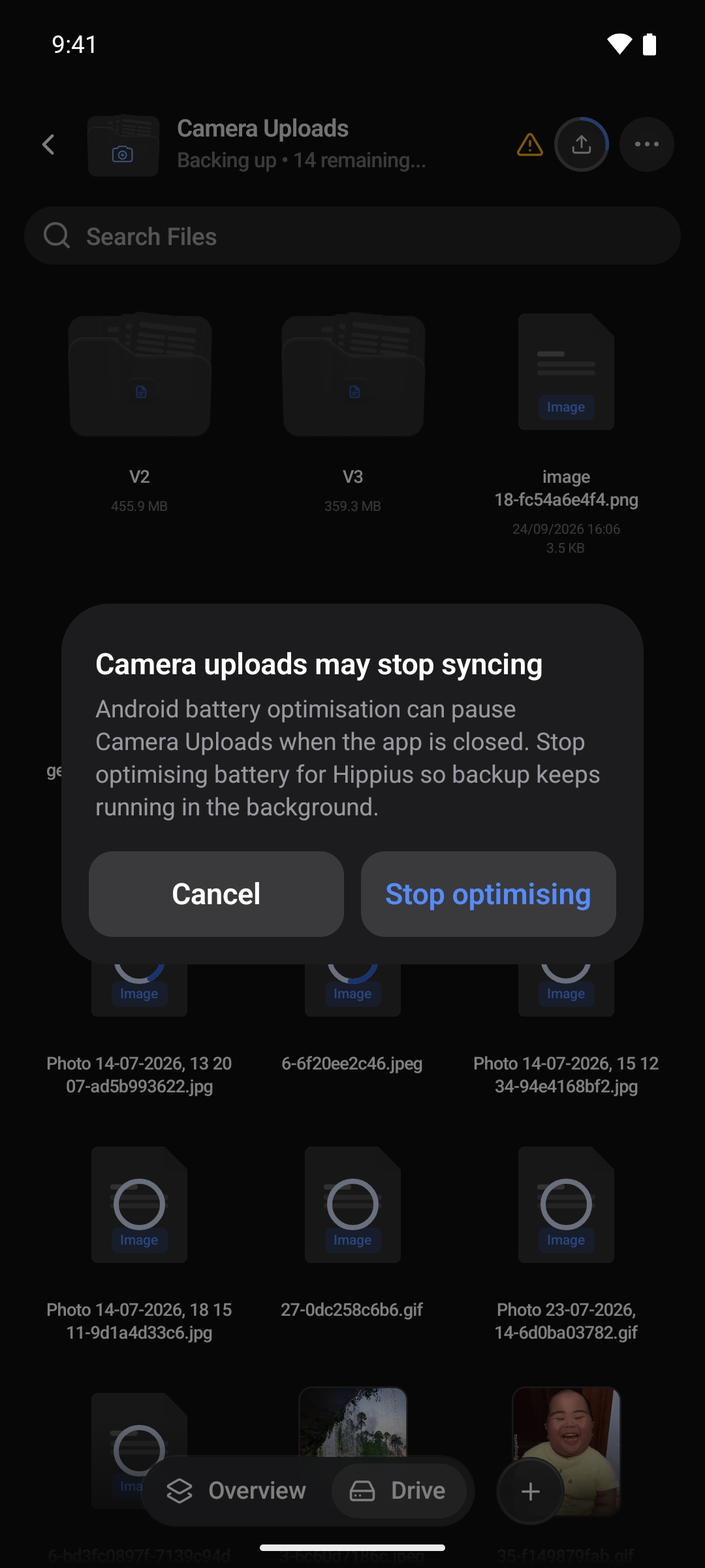 The Camera uploads may stop syncing dialog