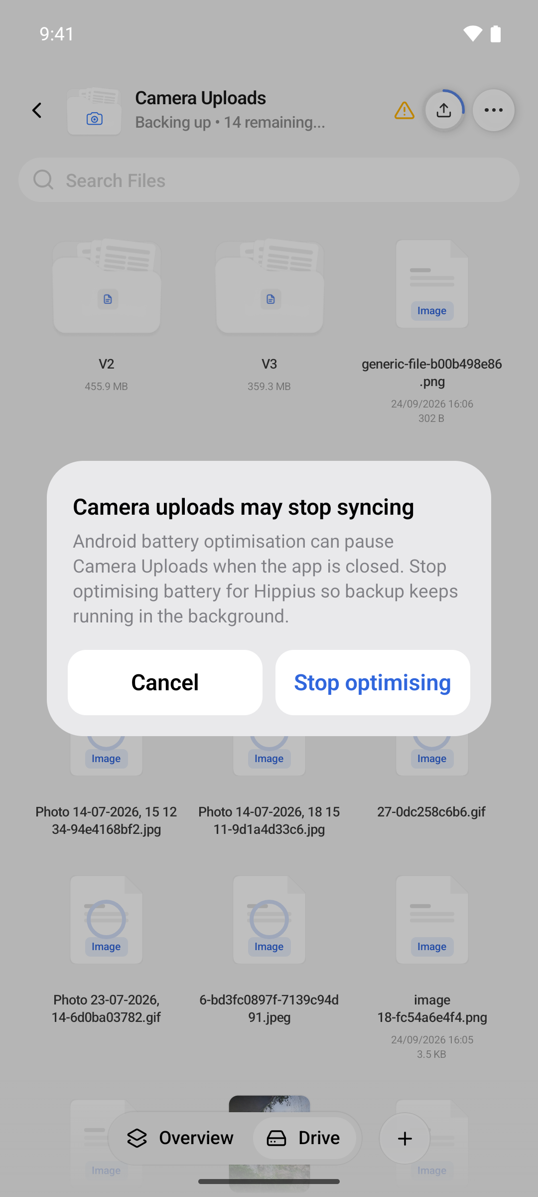 The Camera uploads may stop syncing dialog