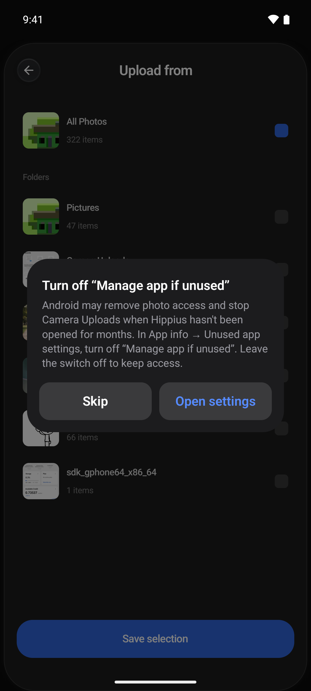 The dialog asking to turn off Manage app if unused