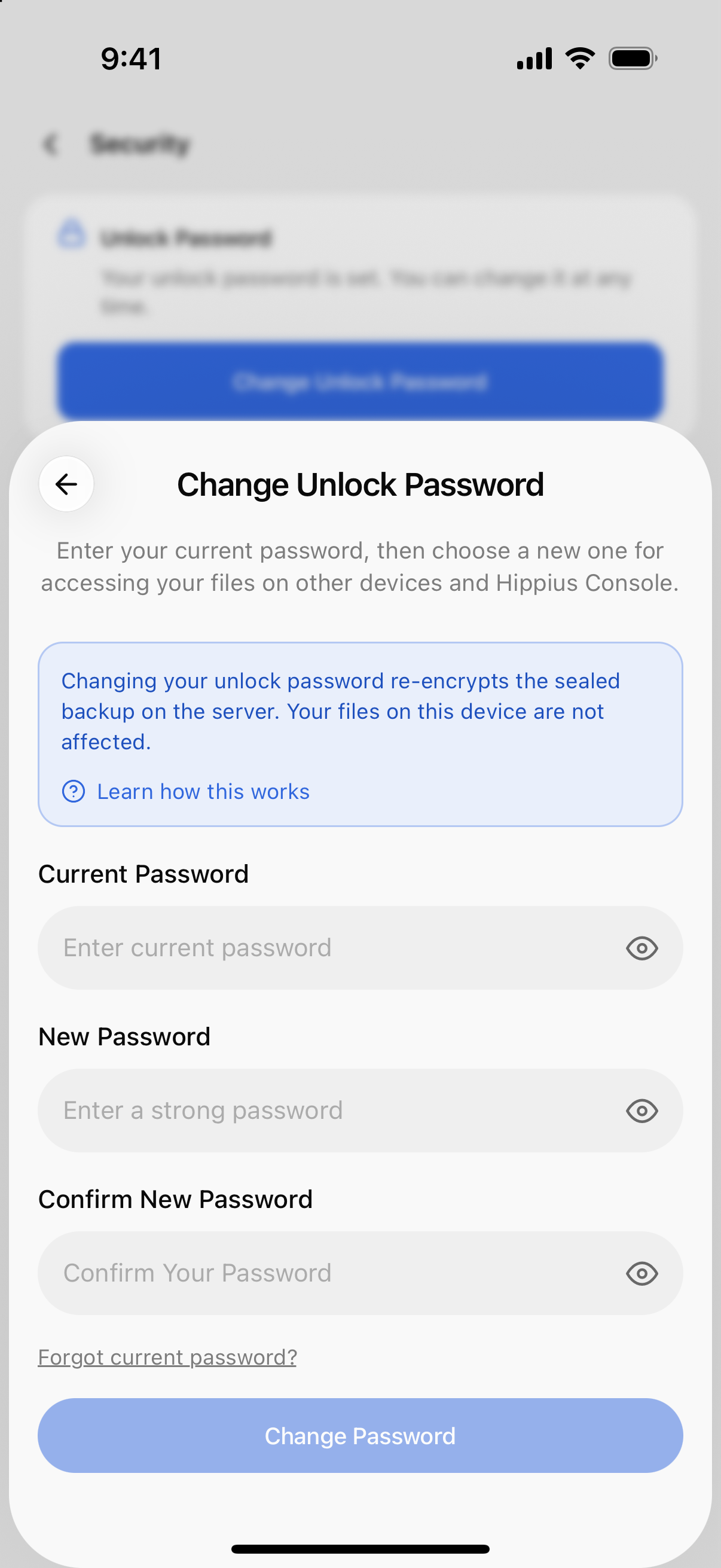 Change Unlock Password sheet