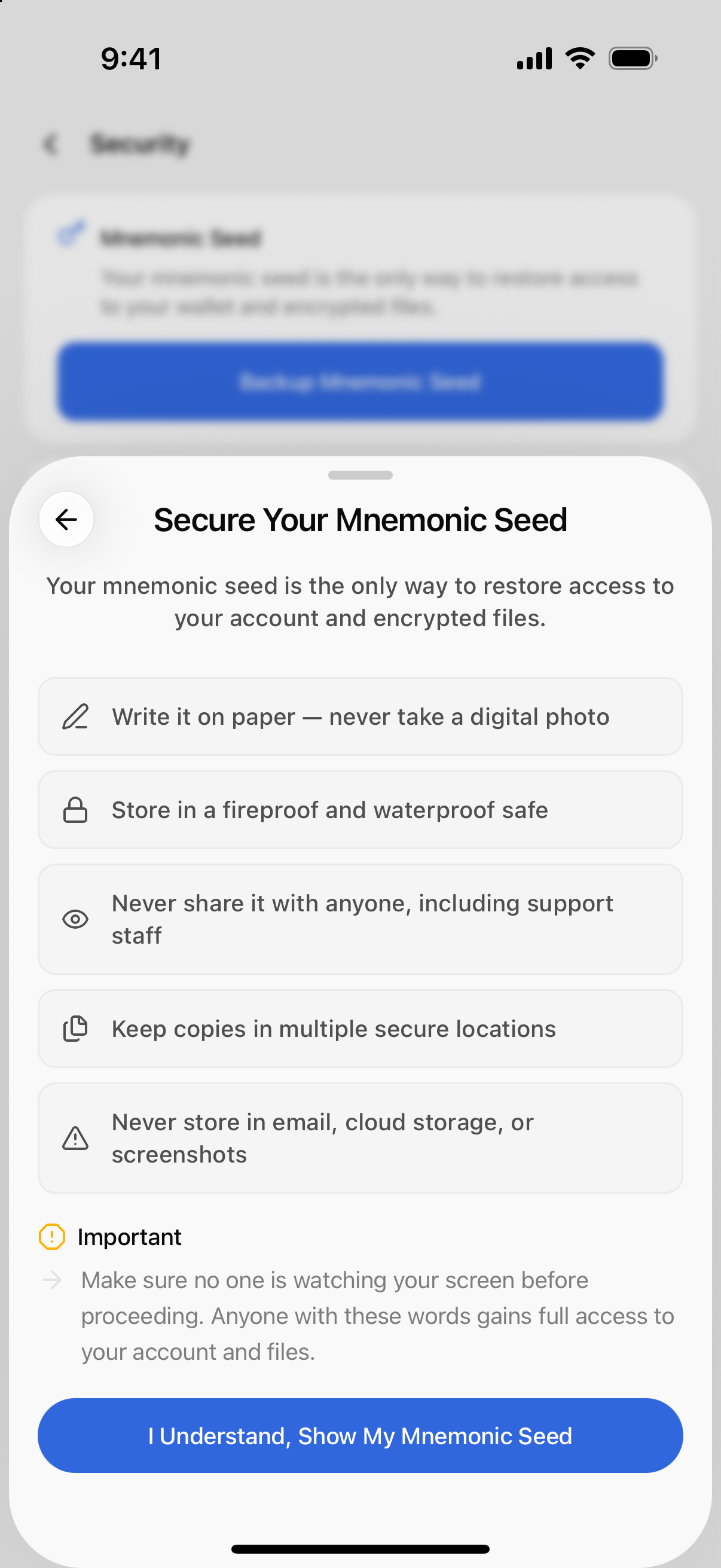 Secure Your Mnemonic Seed step with handling tips