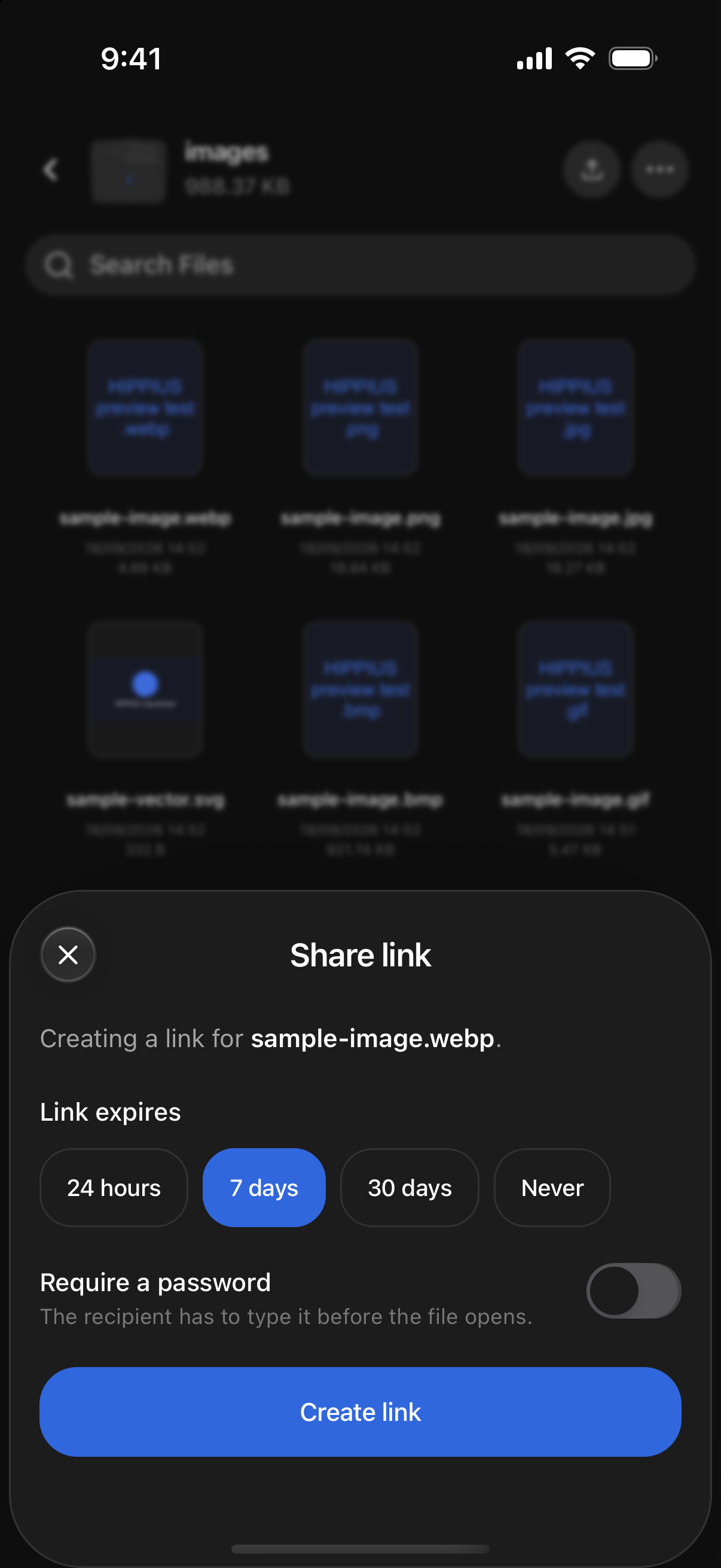 Share link options: expiry and optional password
