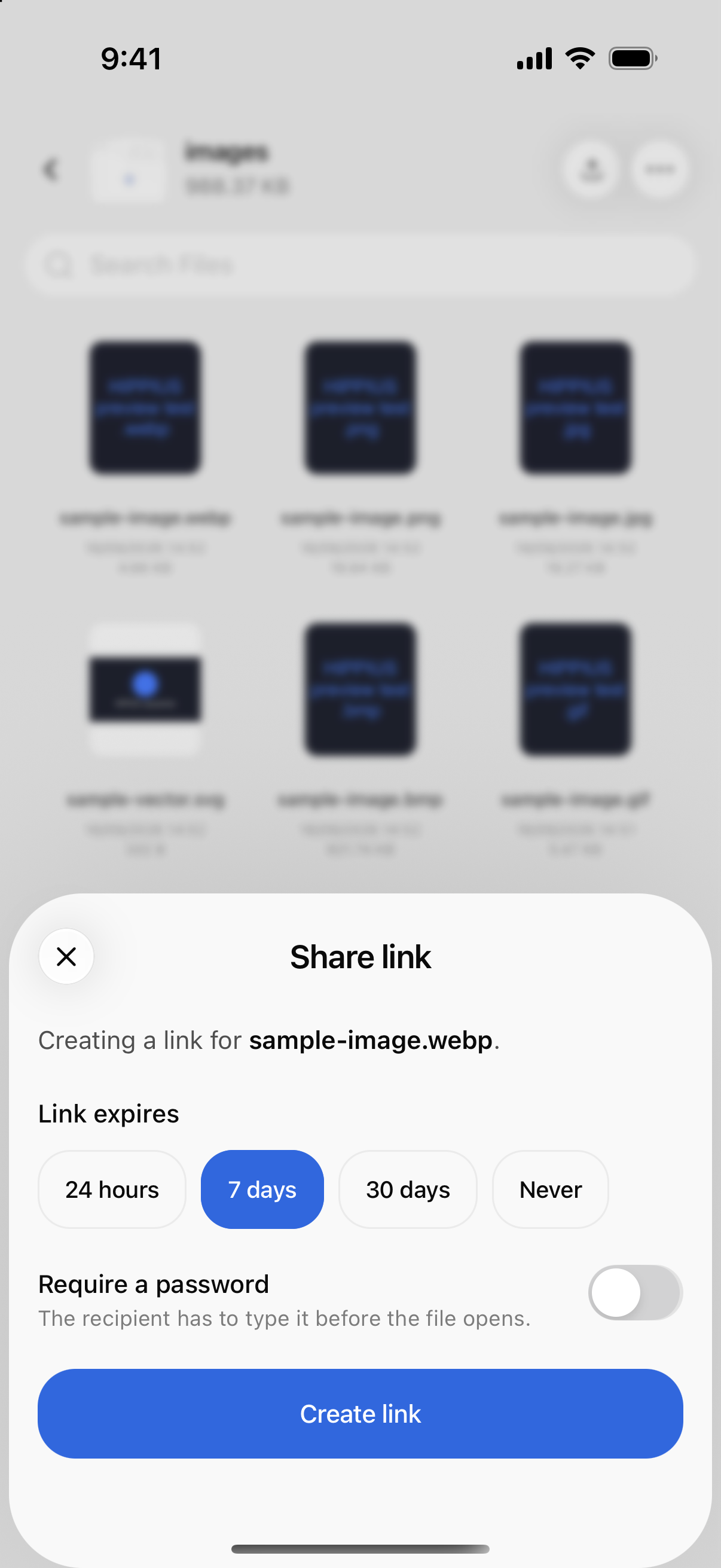 Share link options: expiry and optional password